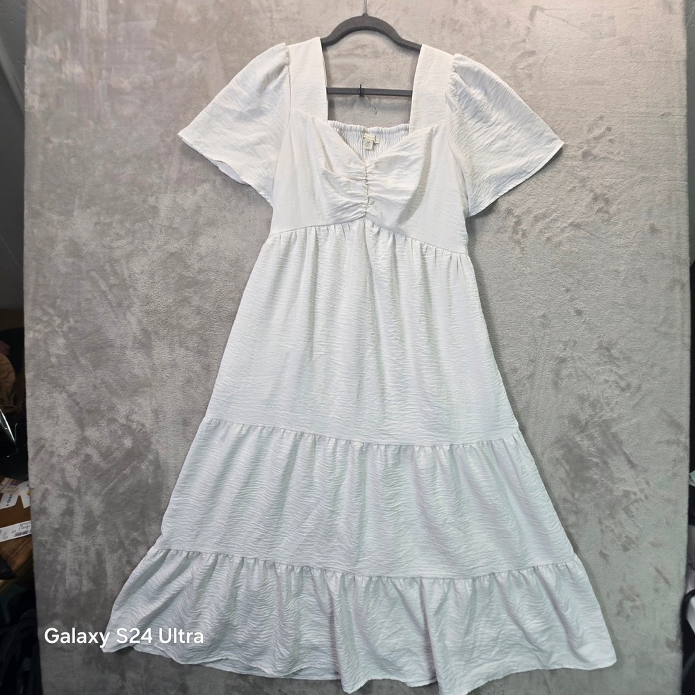 Cato White Smocked Tiered Midi Dress Square Neck Flutter Sleeve Pockets Medium